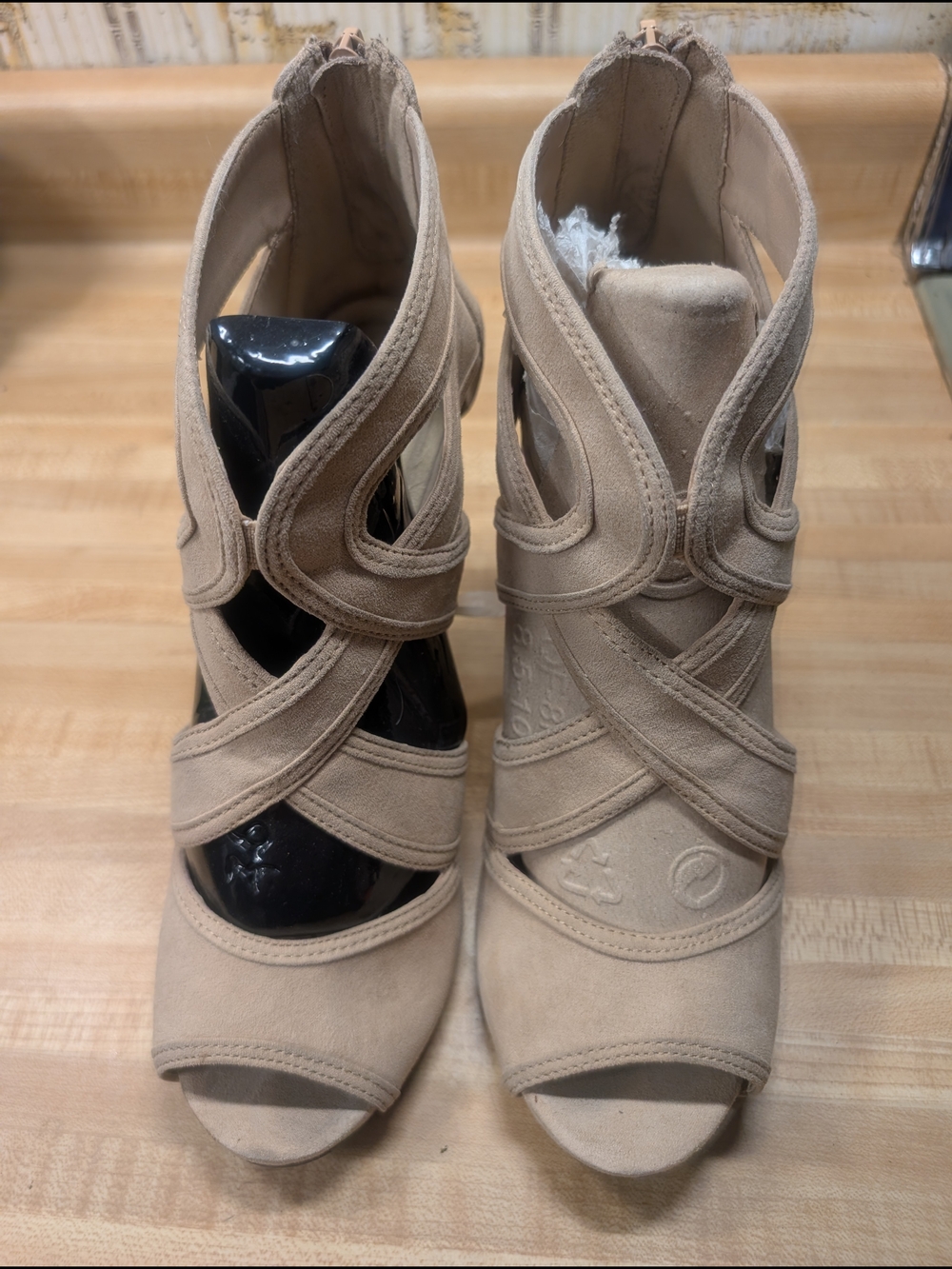 Christian Siriano Beige Suede Crisscross Open-Toe Ankle Boots